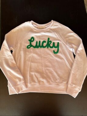 Workshop Republic Clothing White Sweatshirt with Green "Lucky" Script